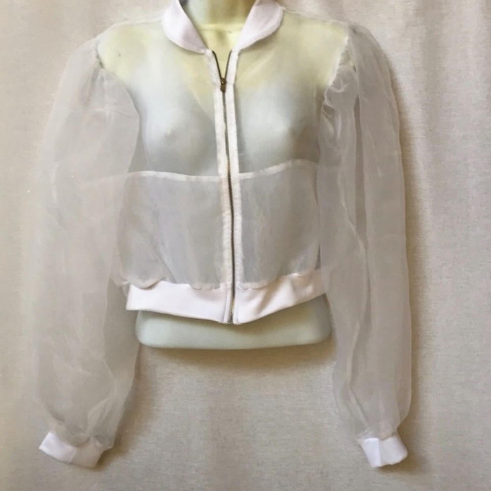 Sheer White Cropped Bomber Jacket with Stand-Up Collar